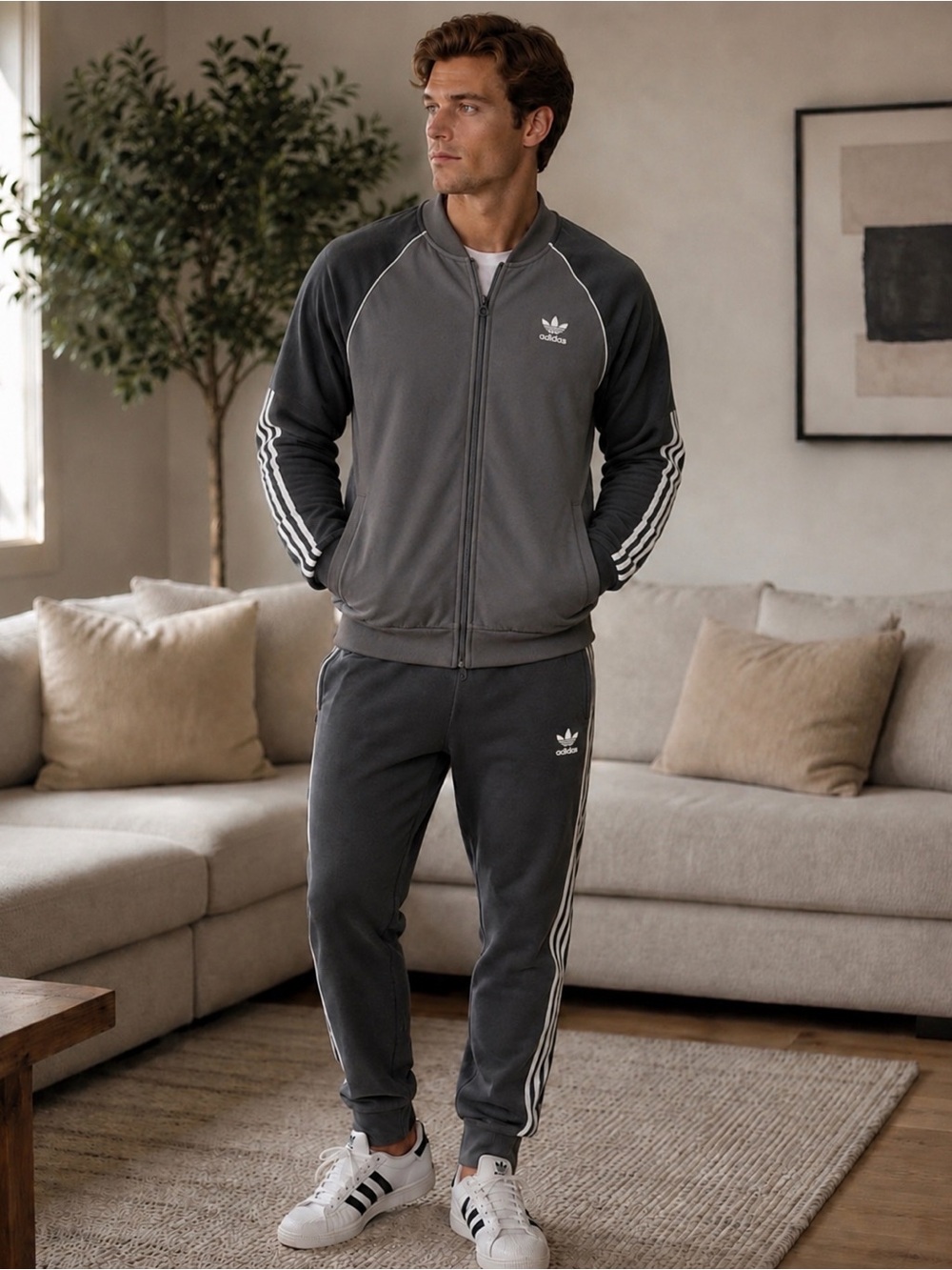 adidas Charcoal & Black Two Tone Tracksuit Top and Bottoms